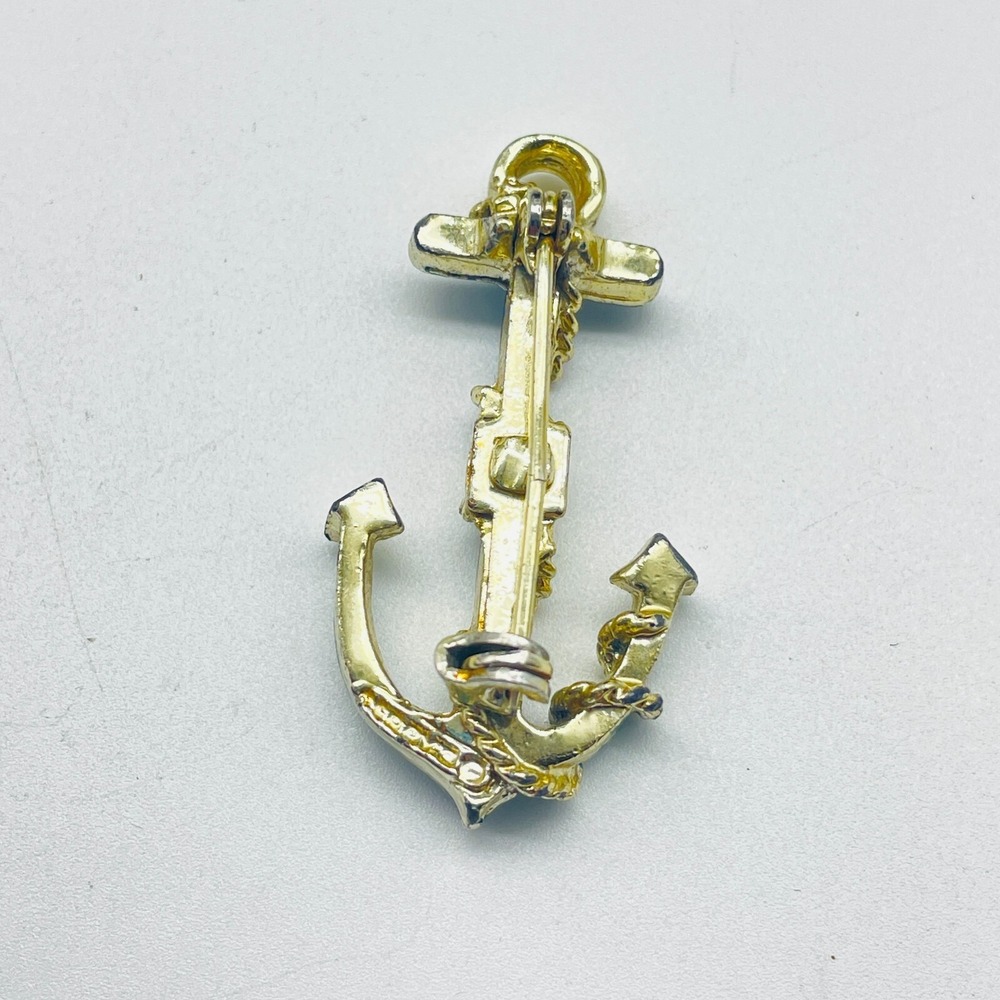 Vintage Enamel Anchor Brooch Nautical Gold Tone Maritime Sailor Pin - Picture 5 of 6